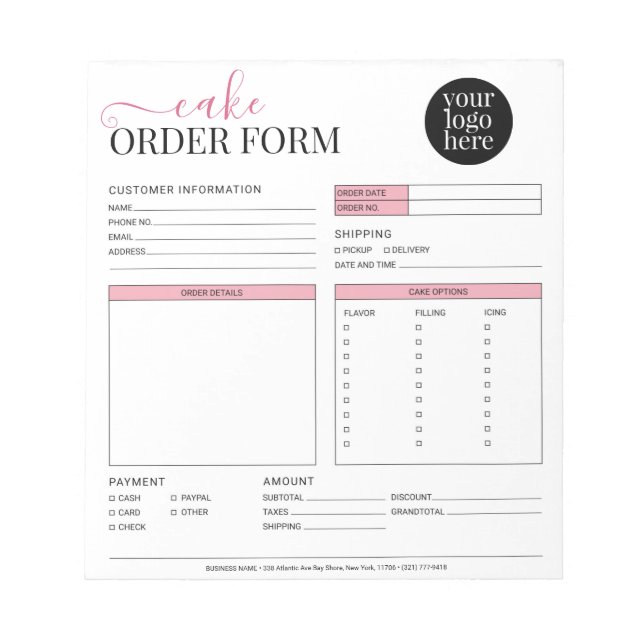 Modern Cake Cupcake Bakery Blush Pink Order Form Notepad (Front)