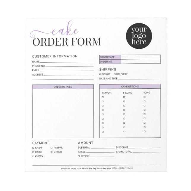Modern Cake Cupcake Bakery Purple Order Form Notepad (Front)