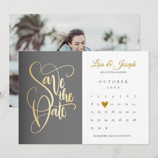Modern Calendar Gold Love Heart Photo Save The Date (Front/Back)