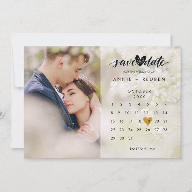 Modern Calendar Gold Love Heart Photo Save The Date (Front)
