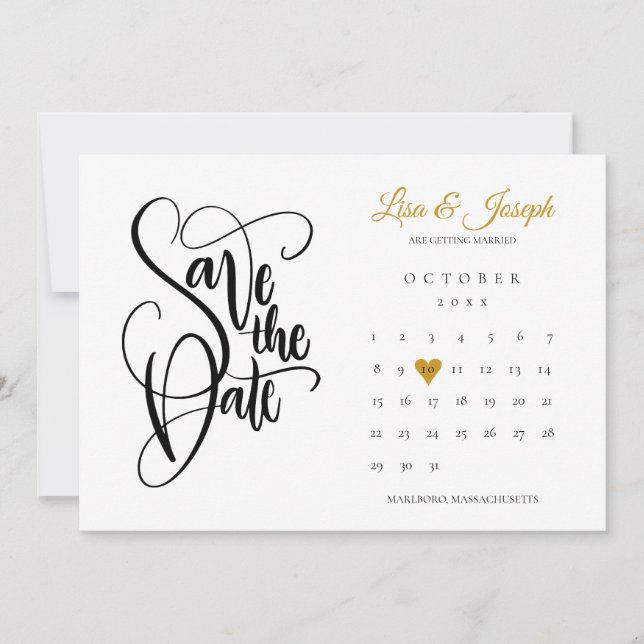 Modern Calendar Gold Love Heart Photo Save The Date (Front)
