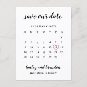 Modern Calendar Red Heart Wedding Save the Date Announcement Postcard