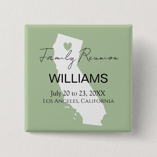 Modern California Map Personalised Family Reunion  15 Cm Square Badge (Front)