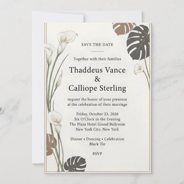 Modern Calla Lily & Monstera Leaf Wedding Invitation (Front)