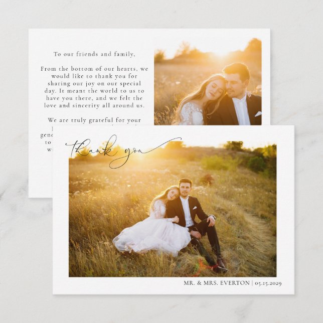 Modern Calligraphy 2 Photo Wedding Thank You Card (Front/Back)