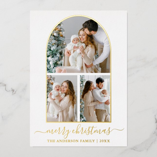 Modern Calligraphy 3 Photo Arch Christmas Gold Foil Holiday Card (Front)