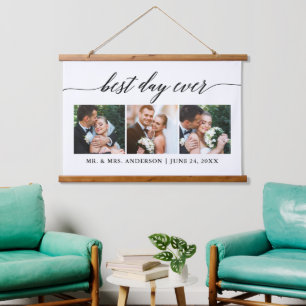Modern Calligraphy 3 Photo Best Day Ever Wedding Hanging Tapestry