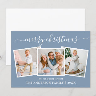 Modern Calligraphy 3 Photo Christmas Blue Holiday Card