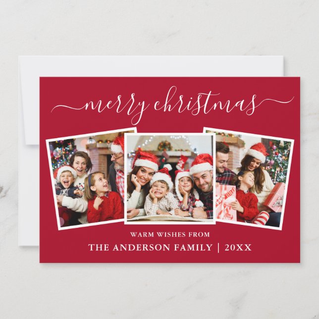 Modern Calligraphy 3 Photo Christmas Red Holiday Card (Front)