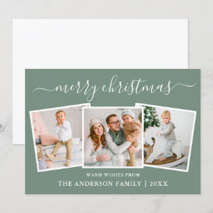 Modern Calligraphy 3 Photo Christmas Sage Green Holiday Card