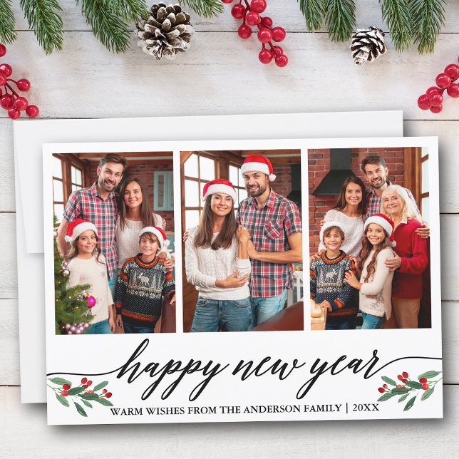 Modern Calligraphy 3 Photo Family Happy New Year Holiday Card (Customize to add text to back of card.)