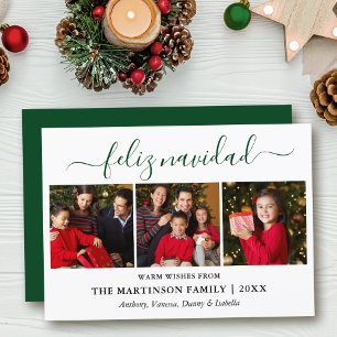 Modern Calligraphy 3 Photo Green Feliz Navidad Holiday Card