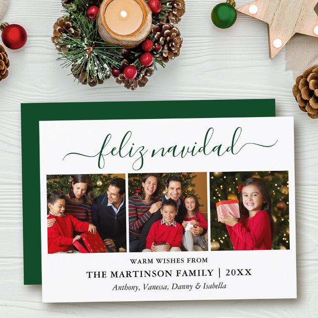 Modern Calligraphy 3 Photo Green Feliz Navidad Holiday Card (Customize to add text to back of card.)