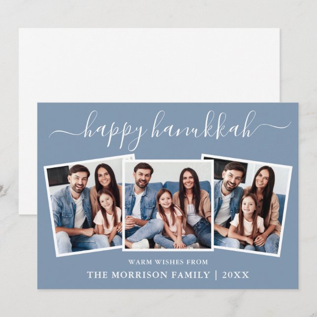 Modern Calligraphy 3 Photo Happy Hanukkah Blue  Holiday Card (Front/Back)
