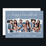 Modern Calligraphy 3 Photo Happy Hanukkah Blue  Holiday Card<br><div class="desc">Modern Trendy Calligraphy Script 3 Photo Family Photo Collage Happy Hanukkah Card - Dusty Blue</div>