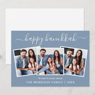 Modern Calligraphy 3 Photo Happy Hanukkah Blue  Holiday Card