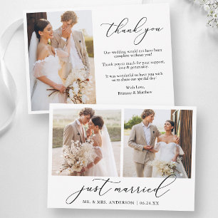Modern Calligraphy 3 Photo Just Married Wedding Thank You Card