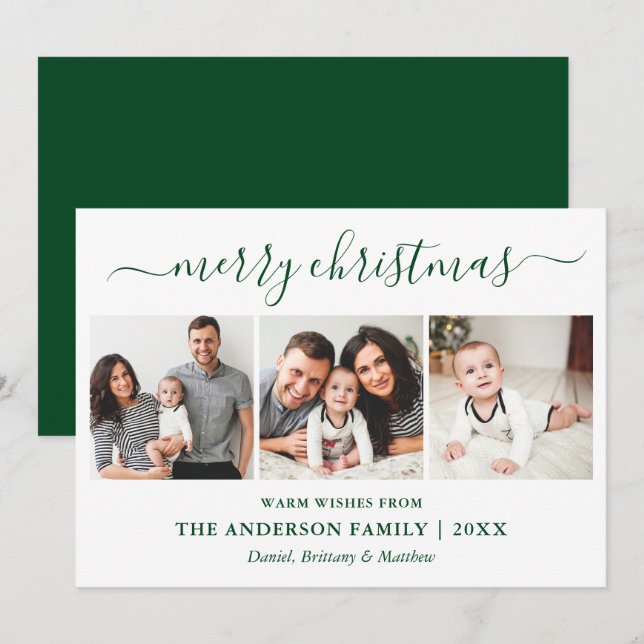 Modern Calligraphy 3 Photo Merry Christmas Green Holiday Card (Front/Back)