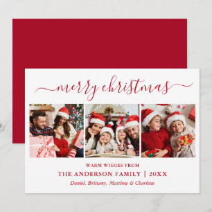 Modern Calligraphy 3 Photo Merry Christmas Red Holiday Card