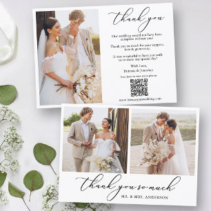 Modern Calligraphy 3 Photo QR Code Wedding Thank You Card
