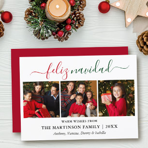 Modern Calligraphy 3 Photo Red Green Feliz Navidad Holiday Card