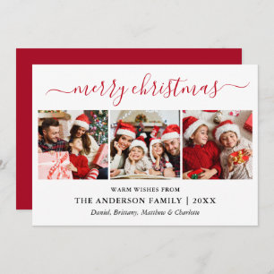 Modern Calligraphy 3 Photo Red Merry Christmas Holiday Card