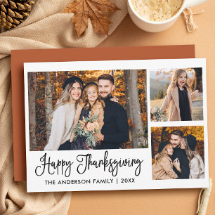 Modern Calligraphy 3 Photo Thanksgiving Terracotta Holiday Card