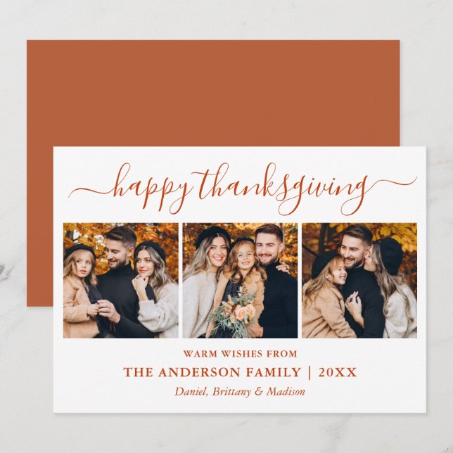 Modern Calligraphy 3 Photo Thanksgiving Terracotta Holiday Card (Front/Back)
