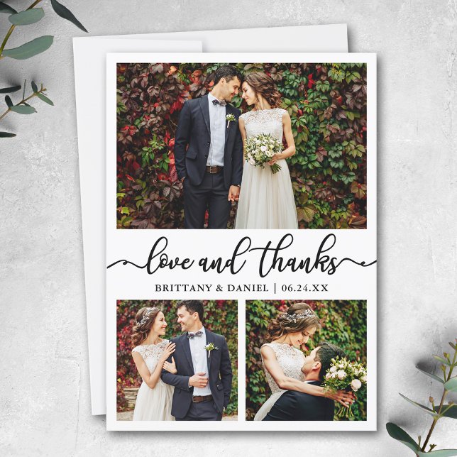 Modern Calligraphy 3 Photo Wedding Collage Thank You Card (Customize to add text or more photos to back of card.)