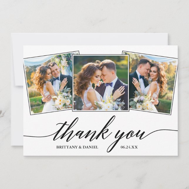 Modern Calligraphy 3 Photo Wedding Thank You Card (Front)