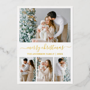 Modern Calligraphy 4 Photo Christmas Gold Foil Holiday Card