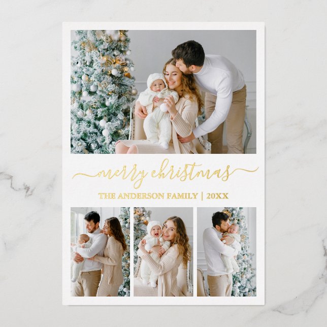 Modern Calligraphy 4 Photo Christmas Gold Foil Holiday Card (Front)