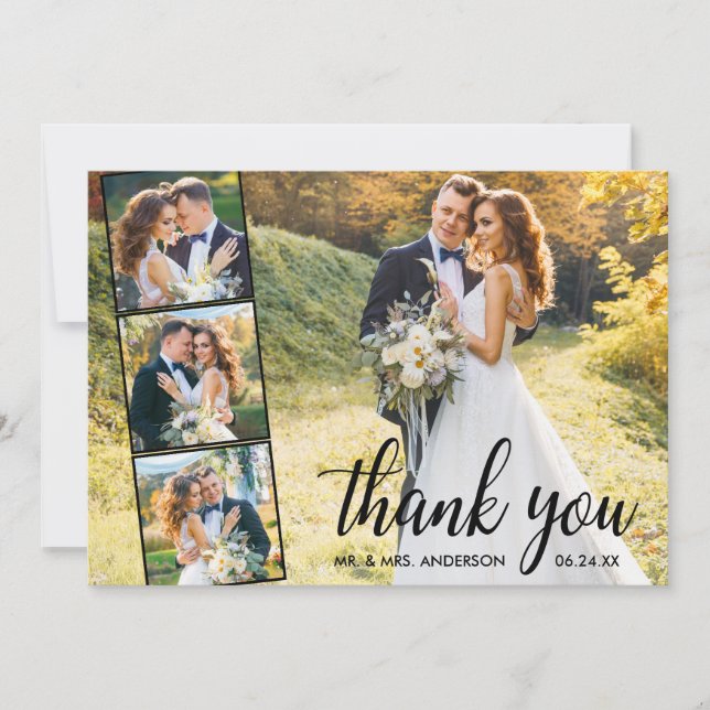 Modern Calligraphy 4 Photo Collage Wedding Thank You Card (Front)