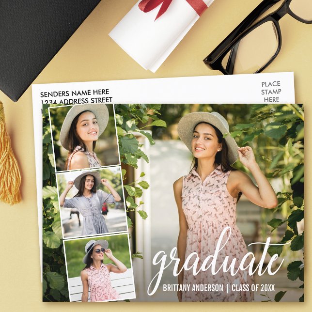 Modern Calligraphy 4 Photo Graduation Announcement Postcard (Creator Uploaded)