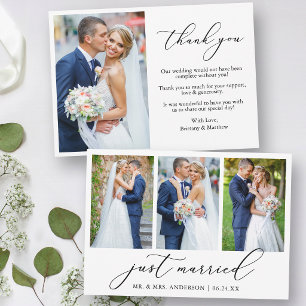Modern Calligraphy 4 Photo Just Married Wedding Thank You Card