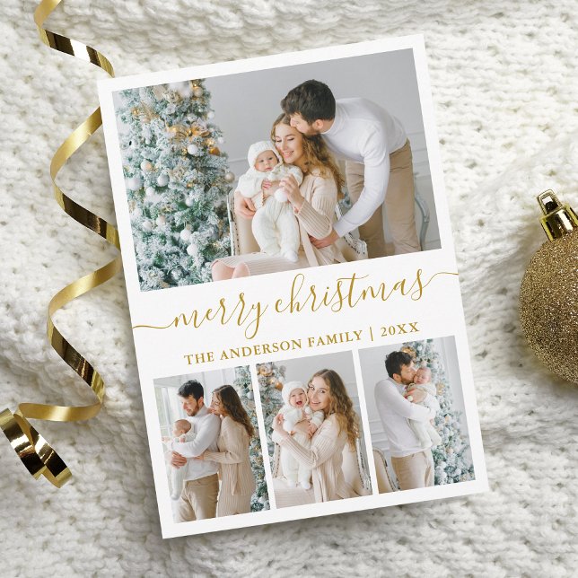 Modern Calligraphy 4 Photo Merry Christmas Gold Holiday Card (Customize to change text color or text style.)