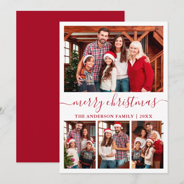 Modern Calligraphy 4 Photo Red Merry Christmas Holiday Card (Front/Back)