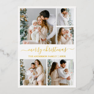 Modern Calligraphy 5 Photo Christmas Gold Foil Holiday Card