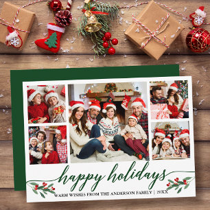 Modern Calligraphy 5 Photo Family Green Holiday Card