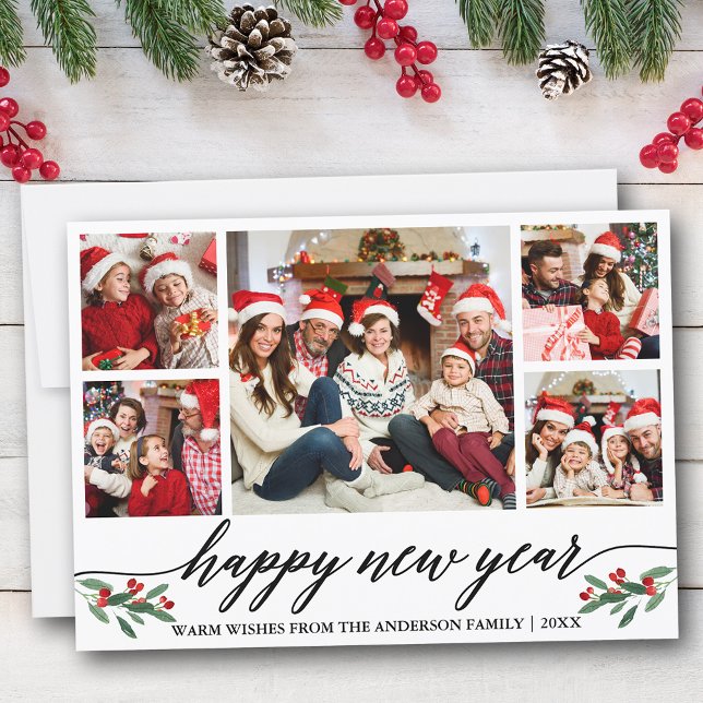 Modern Calligraphy 5 Photo Family Happy New Year Holiday Card (Customize to add text to back of card.)