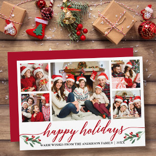 Modern Calligraphy 5 Photo Family Red Holiday Card
