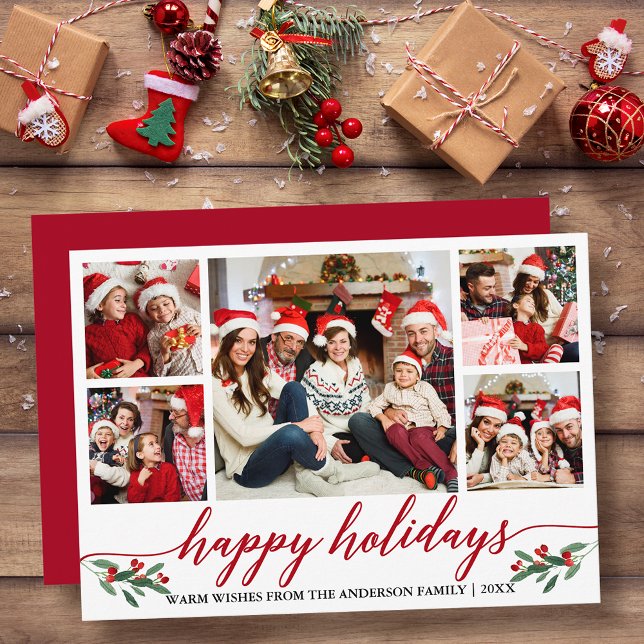 Modern Calligraphy 5 Photo Family Red Holiday Card (Customize to add text to back or to change color of back of card.)