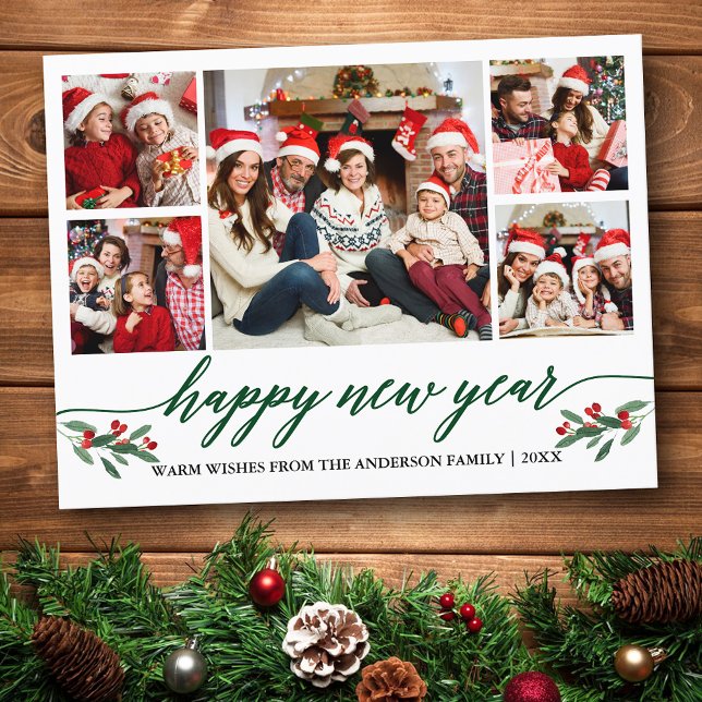 Modern Calligraphy 5 Photo Happy New Year Green Postcard (Customize to change your personalized text size or text style.)