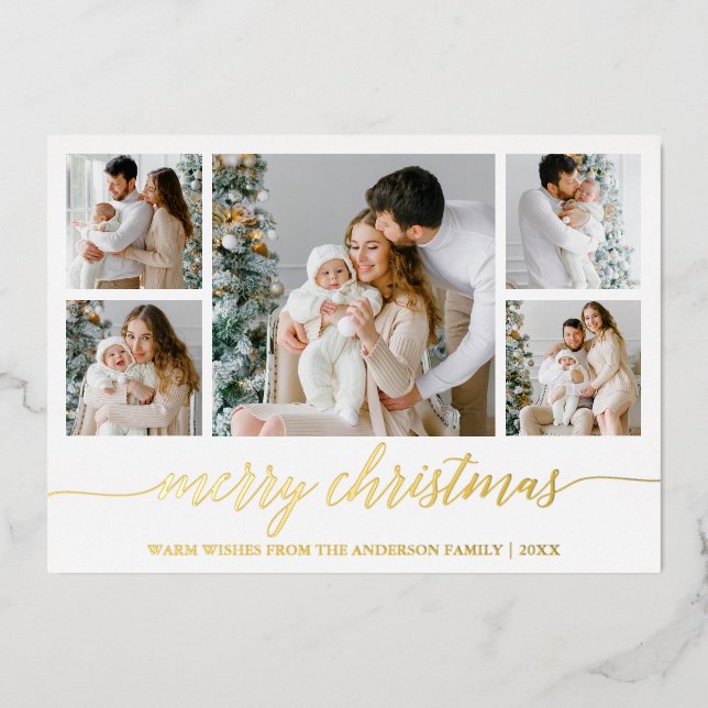 Modern Calligraphy 5 Photo Merry Christmas Gold Foil Holiday Card (Front)