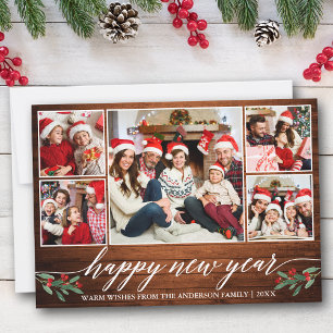 Modern Calligraphy 5 Photo Wood Happy New Year Holiday Card