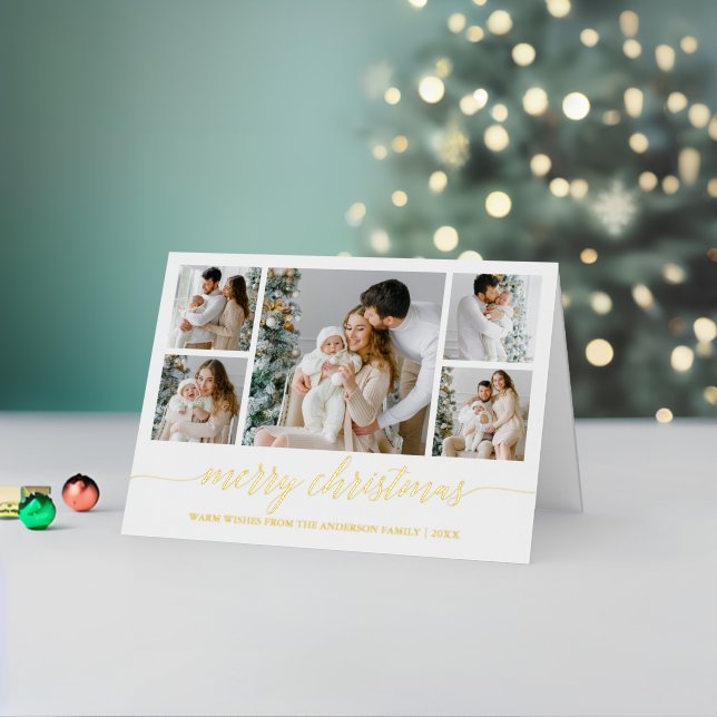 Modern Calligraphy 5 Photos Merry Christmas Gold Foil Holiday Card (Holiday In Situ 2)