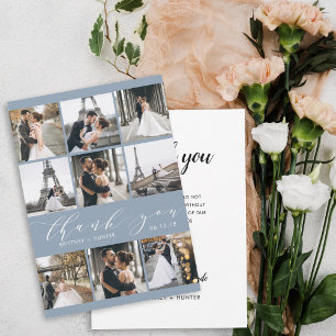 Modern Calligraphy 9 Photo Collage Dusty Blue Thank You Card