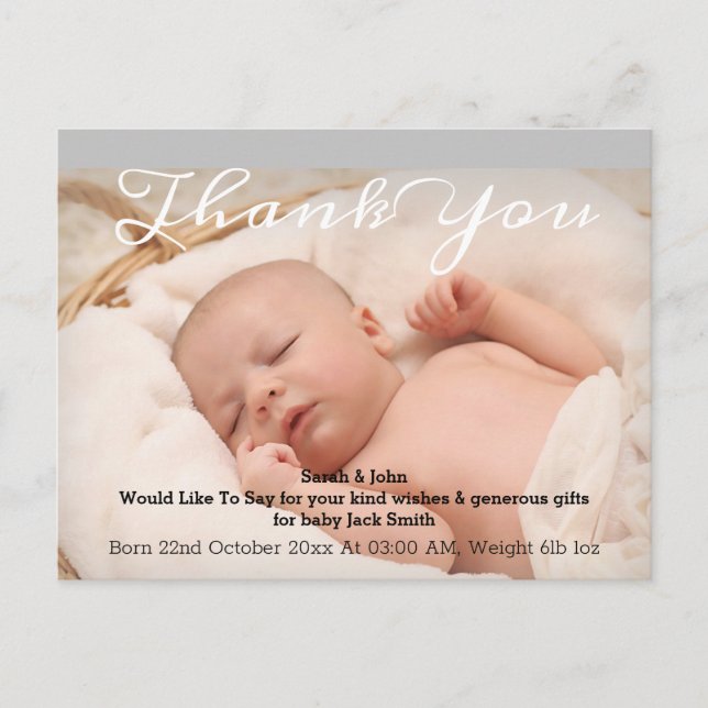 Modern Calligraphy Baby Birth  Photo Thank You Announcement Postcard (Front)