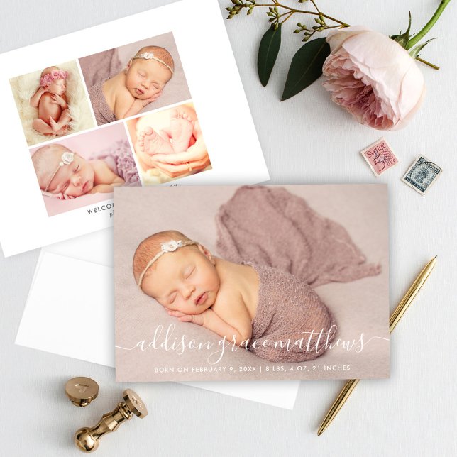 Modern Calligraphy Baby Girl Landscape Photo Birth Announcement (Creator Uploaded)