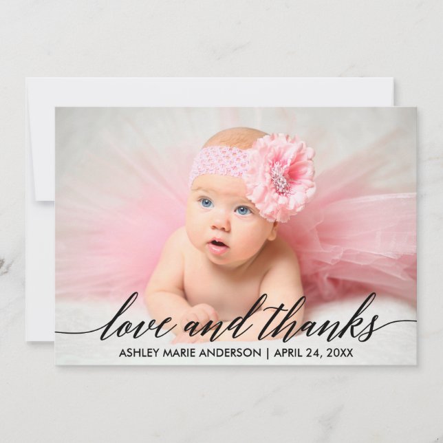 Modern Calligraphy Baby Love and Thanks Photo Thank You Card (Front)